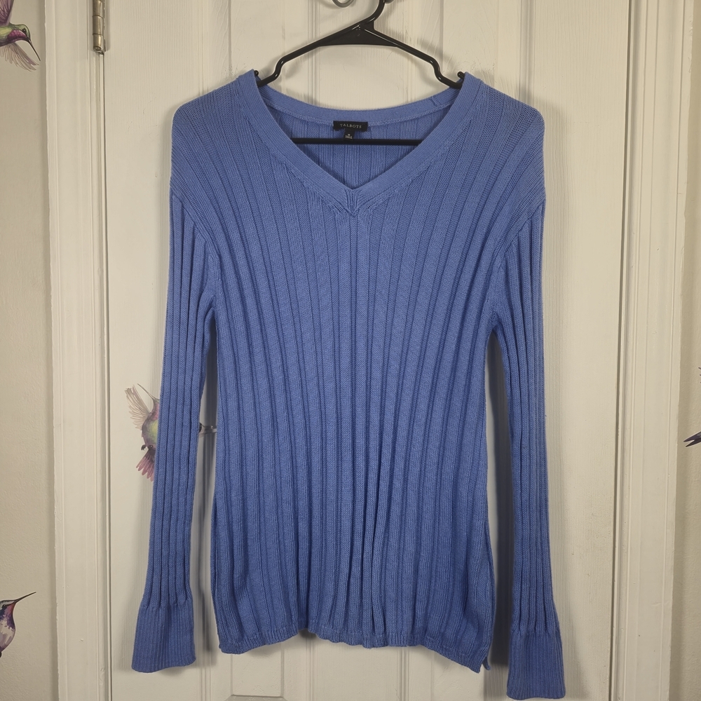 Talbots Blue Ribbed V-Neck Cotton Linen Knit Sweater Size Medium